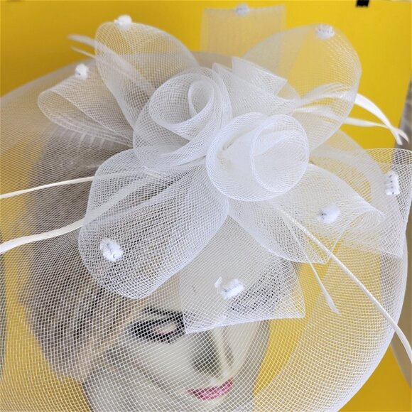 White Saucer Fascinator Mesh with White Rosette Saucer Hair Accessory - Picture 3 of 14